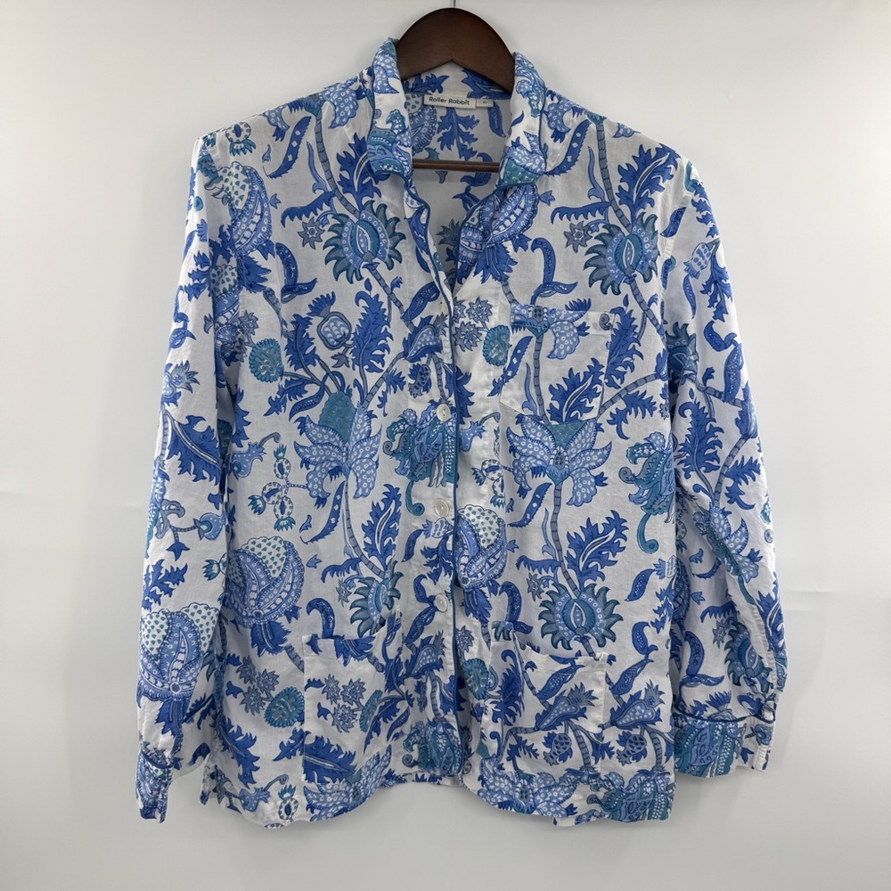 Roller Rabbit Size XL Blue Floral Pajama Top Only Cotton Button Front Sleepwear